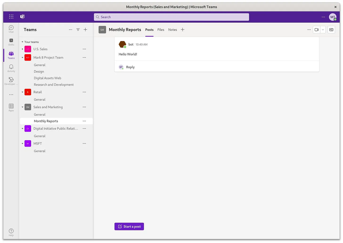 Scheduled bot message posted in a Microsoft Teams channel